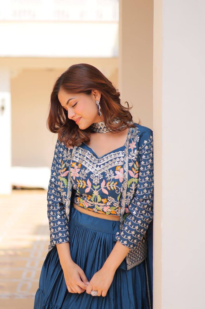 Pure Chinon Embroidered Lehenga Choli with Koti and Matching Dupatta - ETHNICDEAL