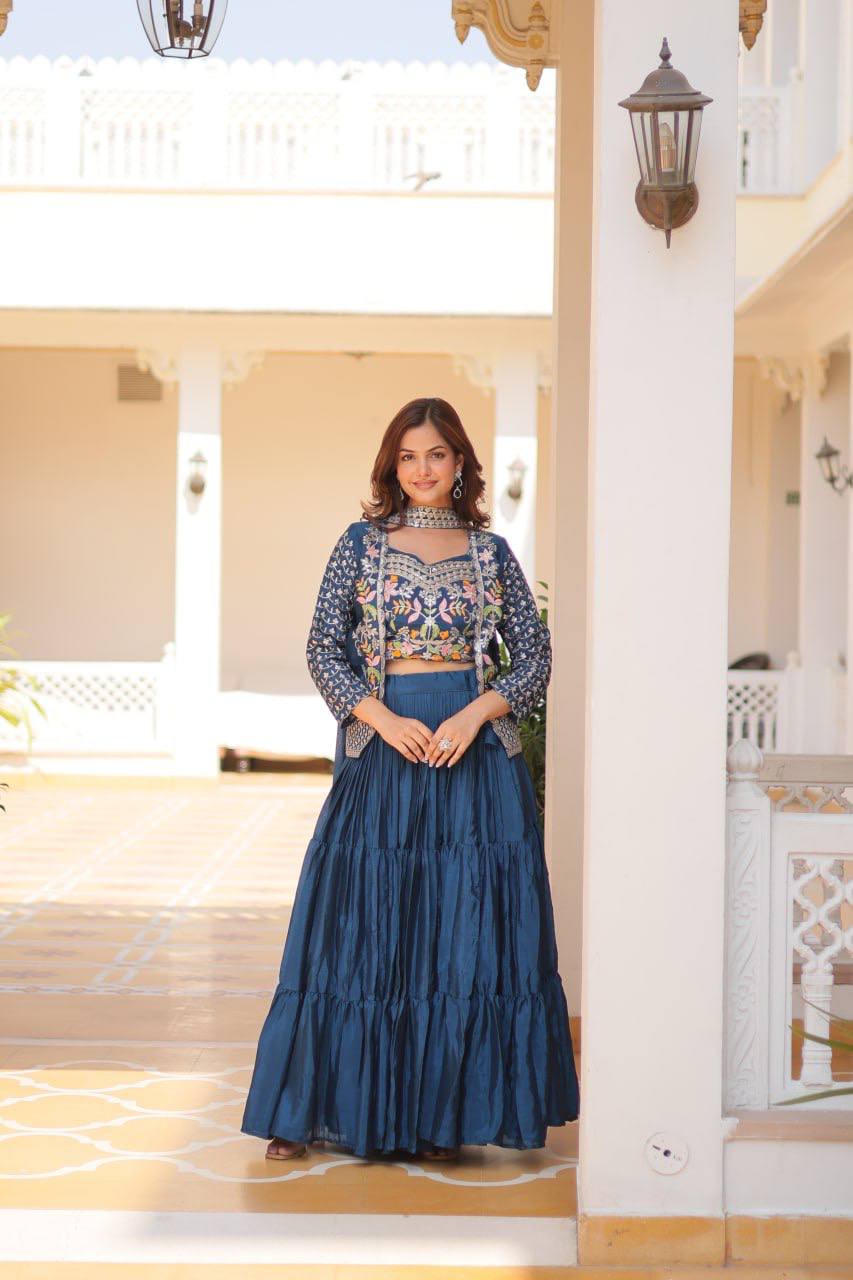 Pure Chinon Embroidered Lehenga Choli with Koti and Matching Dupatta - ETHNICDEAL