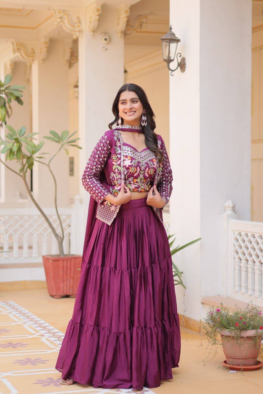 Pure Chinon Embroidered Lehenga Choli with Koti and Matching Dupatta - ETHNICDEAL