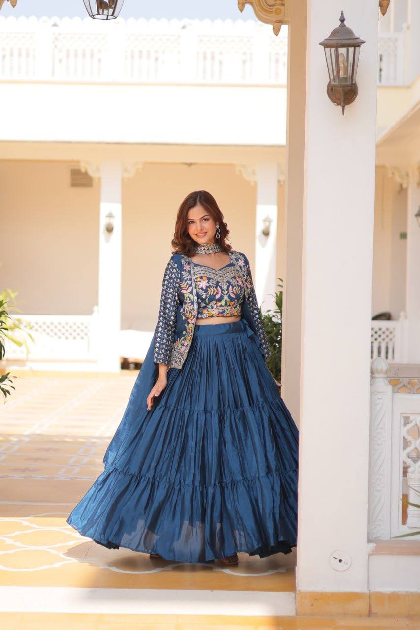 Pure Chinon Embroidered Lehenga Choli with Koti and Matching Dupatta - ETHNICDEAL