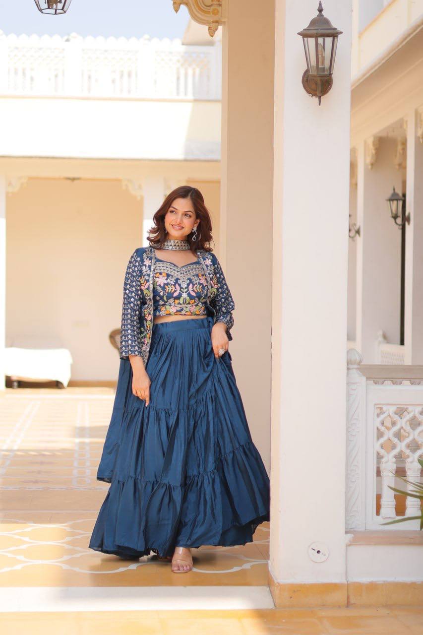 Pure Chinon Embroidered Lehenga Choli with Koti and Matching Dupatta - ETHNICDEAL