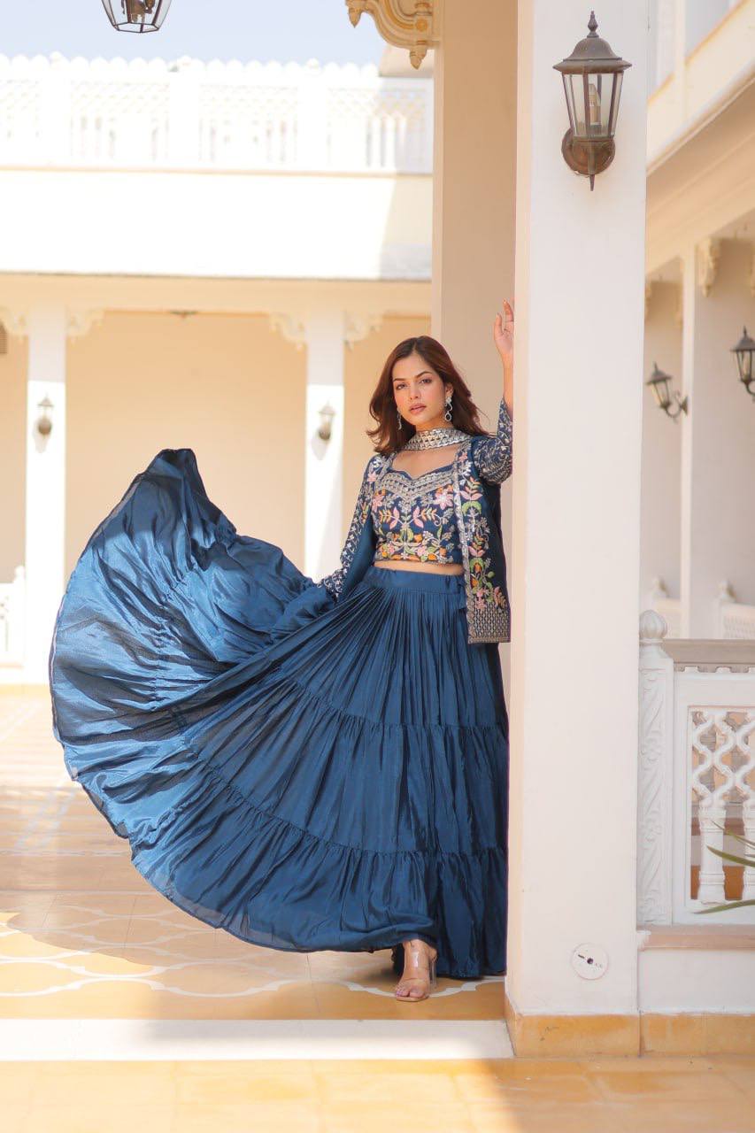 Pure Chinon Embroidered Lehenga Choli with Koti and Matching Dupatta - ETHNICDEAL