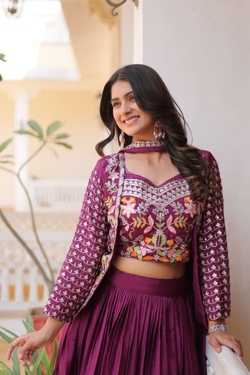 Pure Chinon Embroidered Lehenga Choli with Koti and Matching Dupatta - ETHNICDEAL