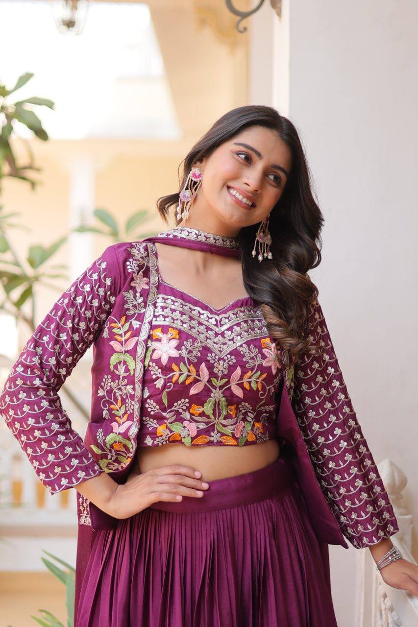 Pure Chinon Embroidered Lehenga Choli with Koti and Matching Dupatta - ETHNICDEAL