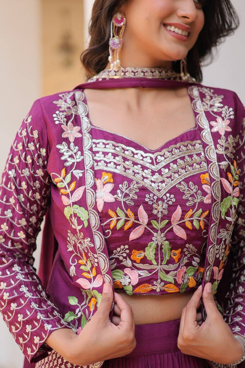 Pure Chinon Embroidered Lehenga Choli with Koti and Matching Dupatta - ETHNICDEAL