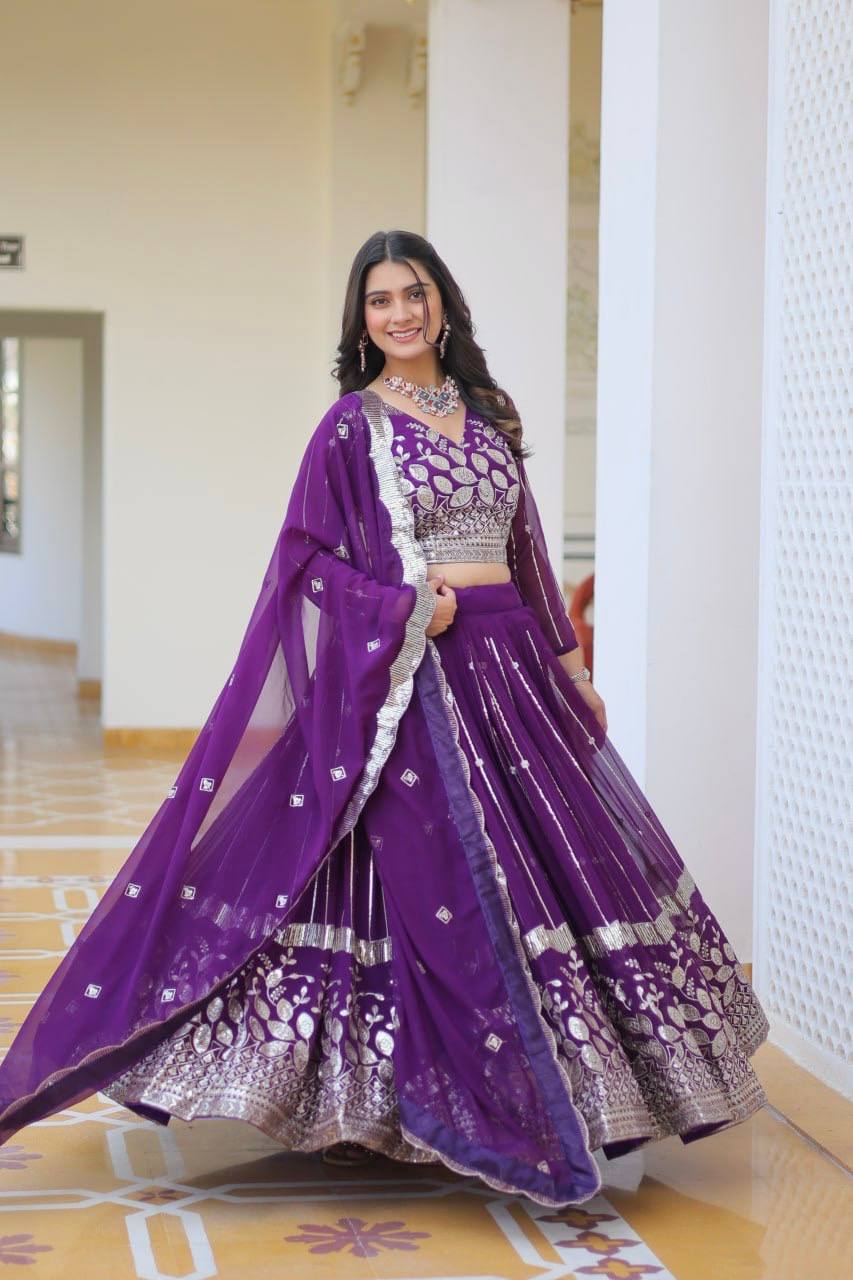 Elegant Heavy Faux Georgette Lehenga Choli Set With Embroidery Sequence Work - ETHNICDEAL