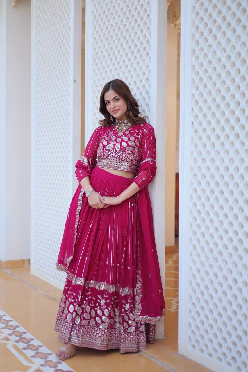 Elegant Heavy Faux Georgette Lehenga Choli Set With Embroidery Sequence Work - ETHNICDEAL