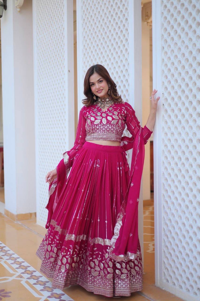 Elegant Heavy Faux Georgette Lehenga Choli Set With Embroidery Sequence Work - ETHNICDEAL