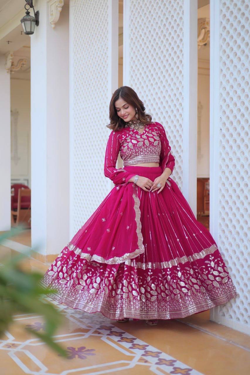 Elegant Heavy Faux Georgette Lehenga Choli Set With Embroidery Sequence Work - ETHNICDEAL