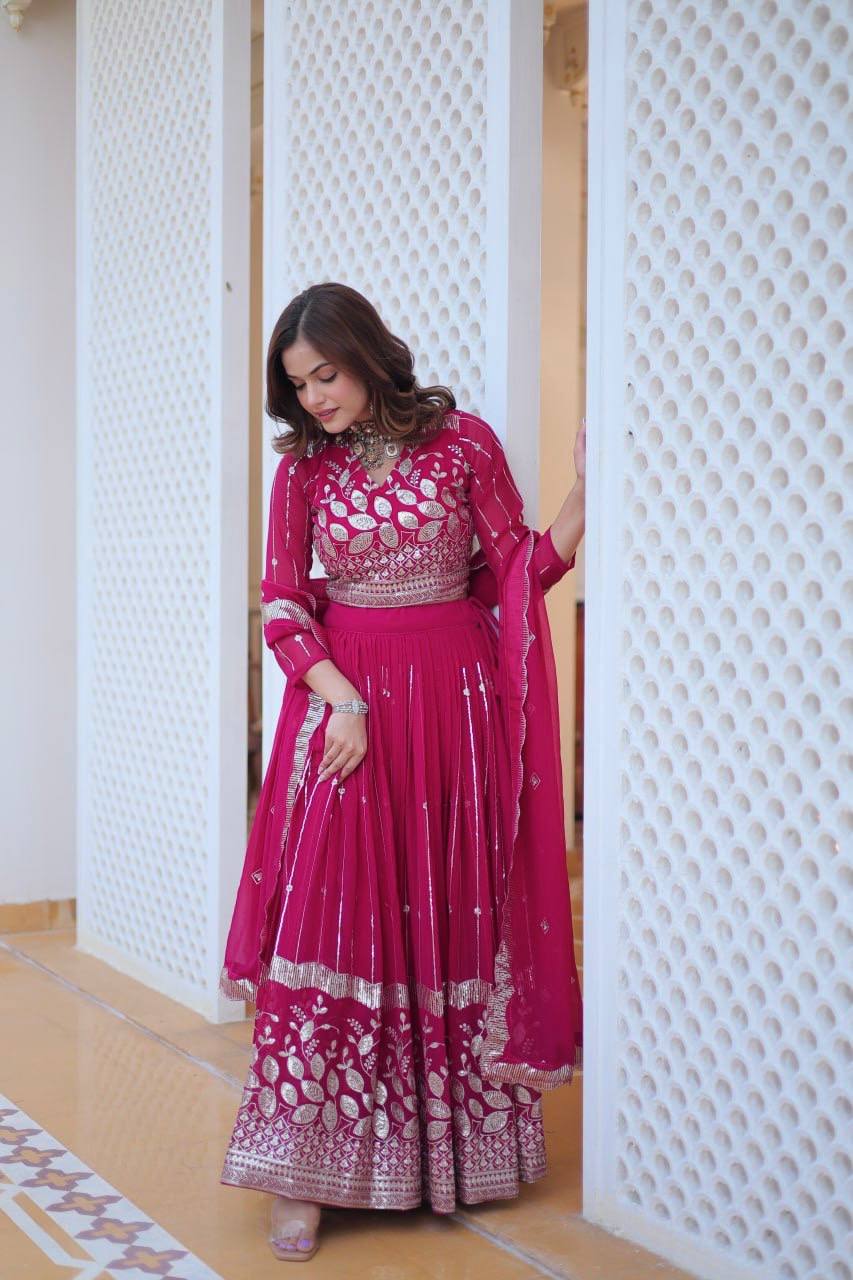 Elegant Heavy Faux Georgette Lehenga Choli Set With Embroidery Sequence Work - ETHNICDEAL