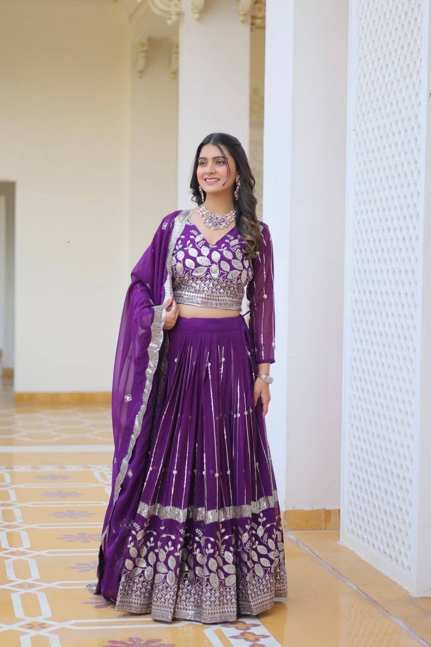Elegant Heavy Faux Georgette Lehenga Choli Set With Embroidery Sequence Work - ETHNICDEAL