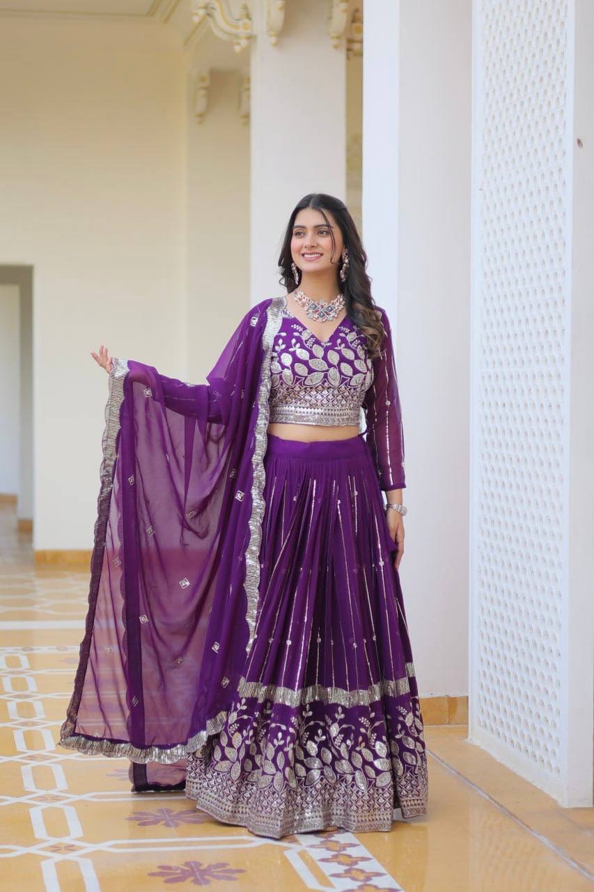 Elegant Heavy Faux Georgette Lehenga Choli Set With Embroidery Sequence Work - ETHNICDEAL