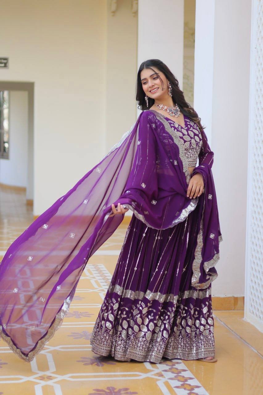 Elegant Heavy Faux Georgette Lehenga Choli Set With Embroidery Sequence Work - ETHNICDEAL