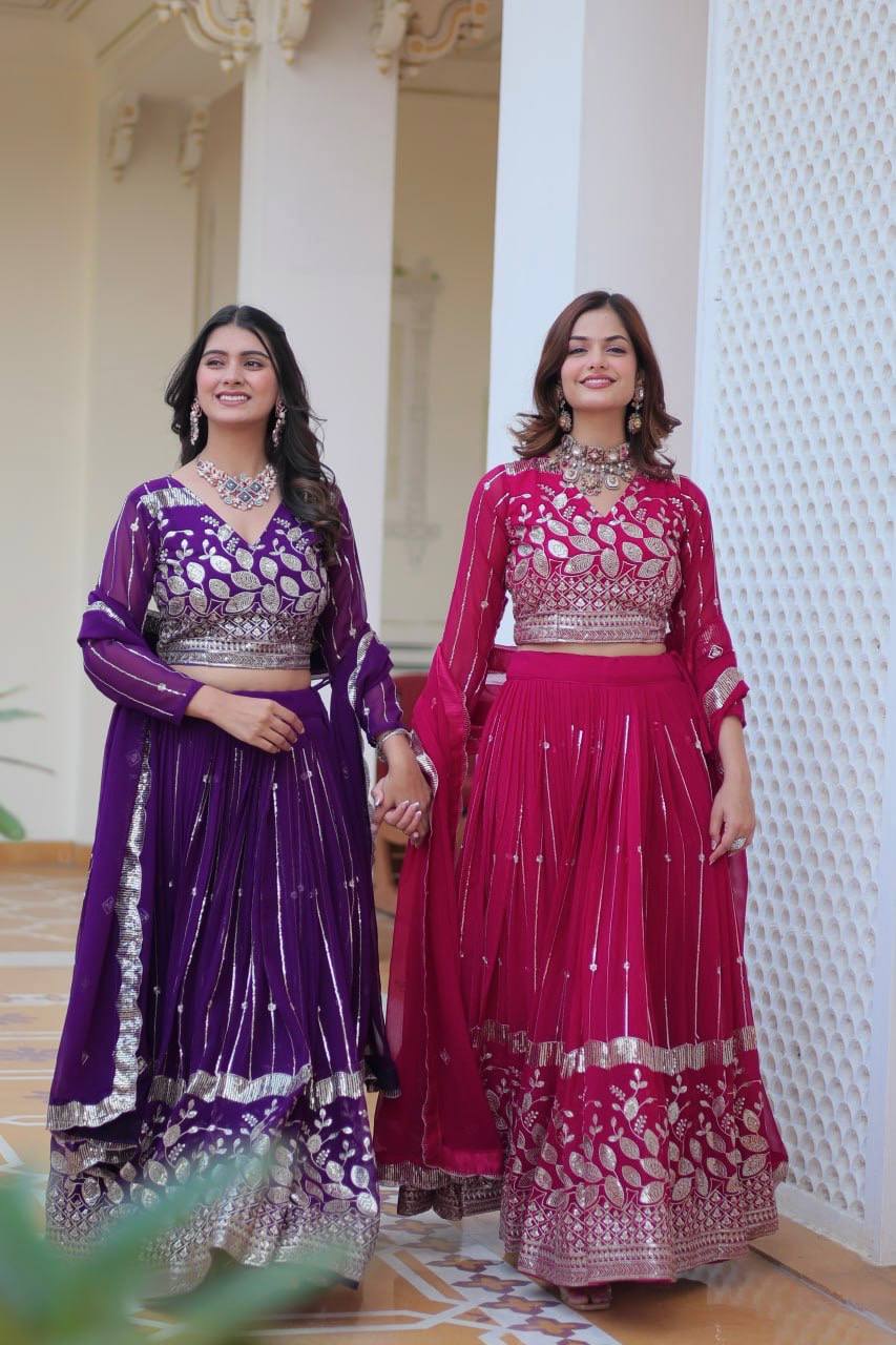 Elegant Heavy Faux Georgette Lehenga Choli Set With Embroidery Sequence Work - ETHNICDEAL