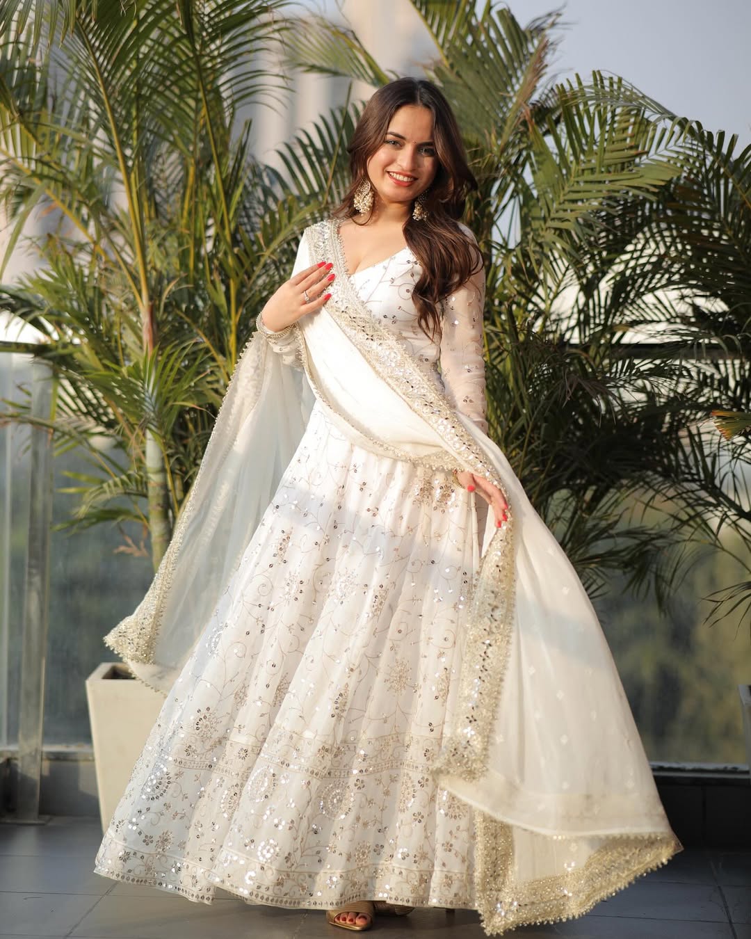Ivory Wedding Wear Georgette Anarkali Gown Suit Set with Dupatta for Women