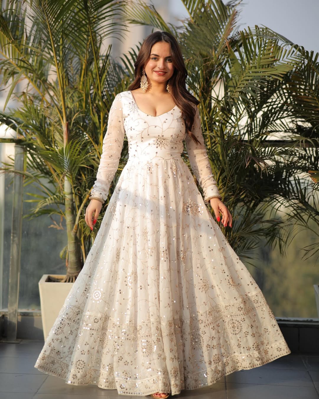 Ivory Wedding Wear Georgette Anarkali Gown Suit Set with Dupatta for Women
