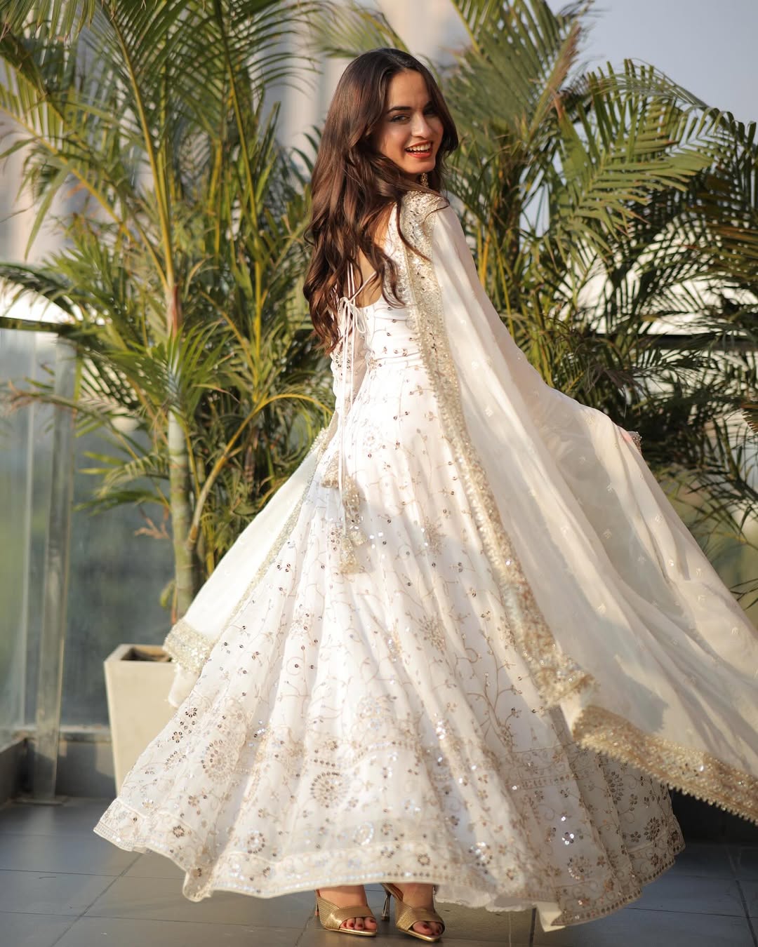 Ivory Wedding Wear Georgette Anarkali Gown Suit Set with Dupatta for Women