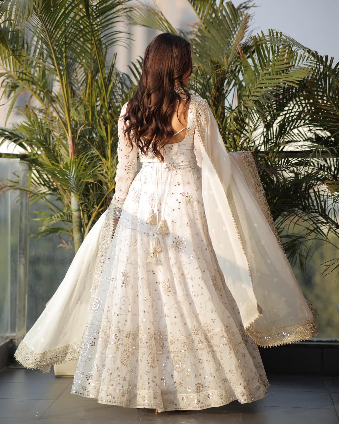 Ivory Wedding Wear Georgette Anarkali Gown Suit Set with Dupatta for Women