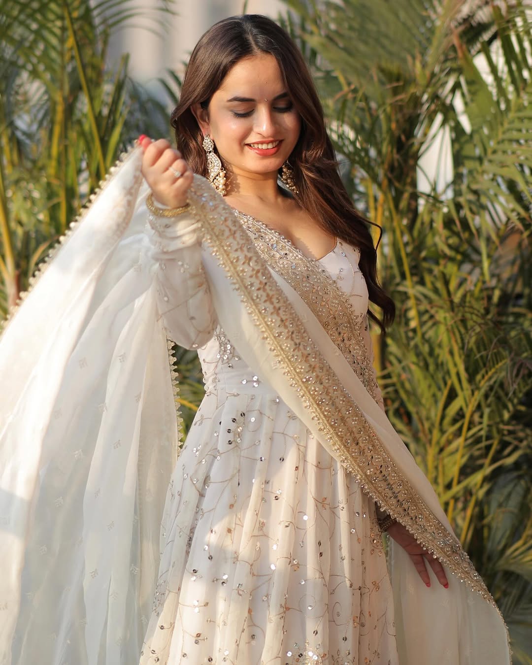Ivory Wedding Wear Georgette Anarkali Gown Suit Set with Dupatta for Women