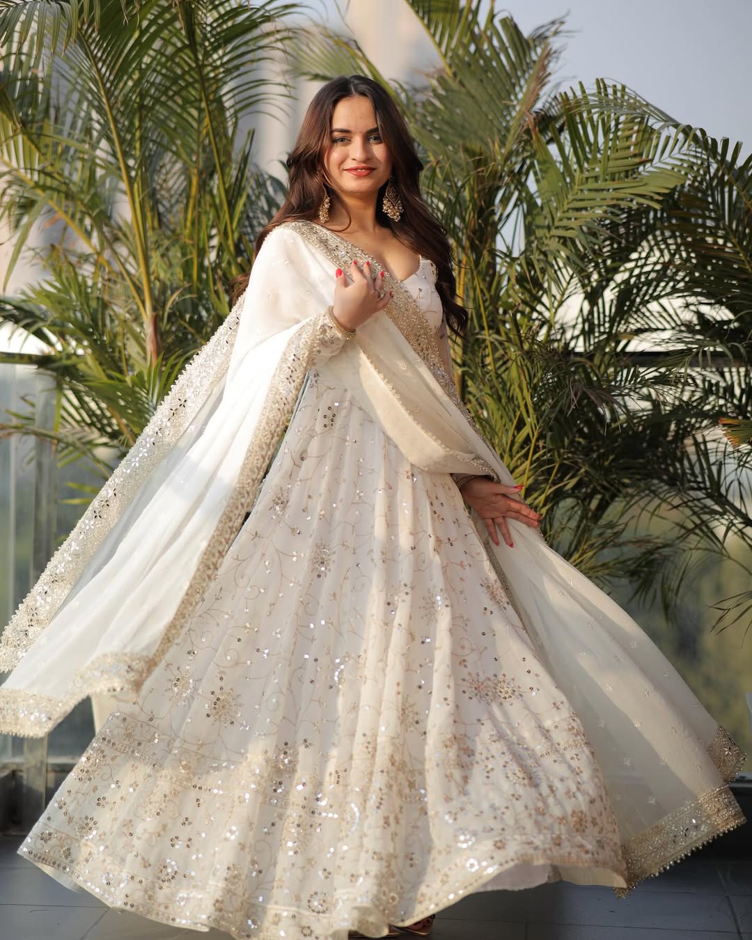 Ivory Wedding Wear Georgette Anarkali Gown Suit Set with Dupatta for Women