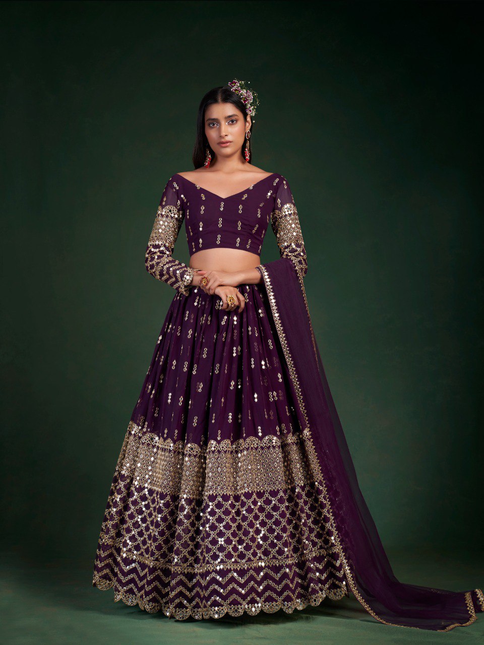 Wine Georgette Lehenga Choli Set perfect for wedding