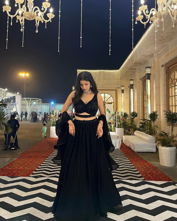 Wedding Wear Black Sequin Fully Stitched Lehenga Choli with Cascade Dupatta | Black Lehenga For Women | Wedding Outfits For Women
