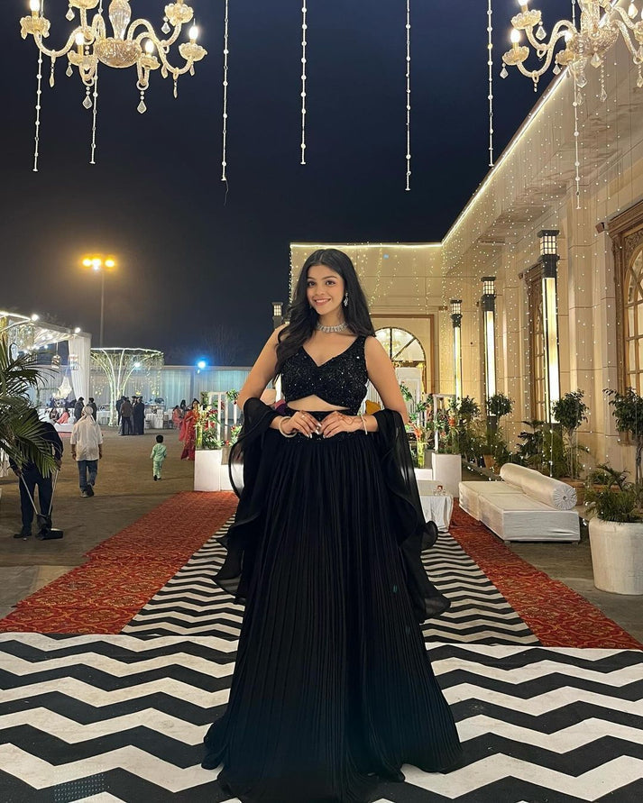 Wedding Wear Black Sequin Fully Stitched Lehenga Choli with Cascade Dupatta | Black Lehenga For Women | Wedding Outfits For Women
