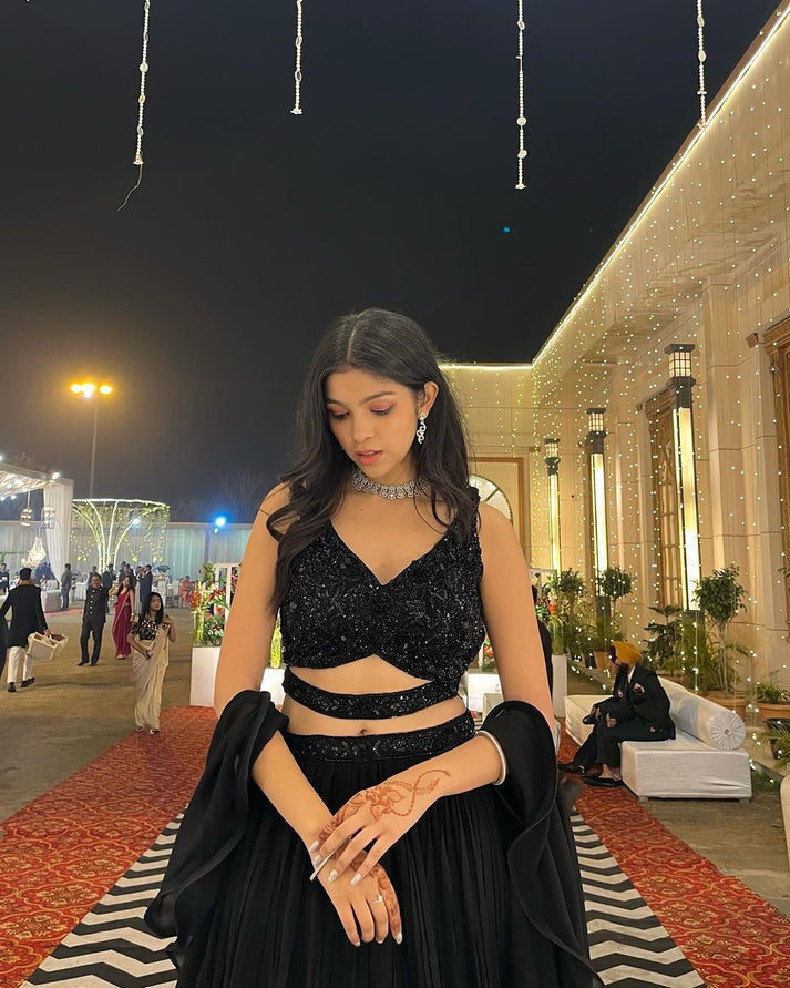Wedding Wear Black Sequin Fully Stitched Lehenga Choli with Cascade Dupatta | Black Lehenga For Women | Wedding Outfits For Women