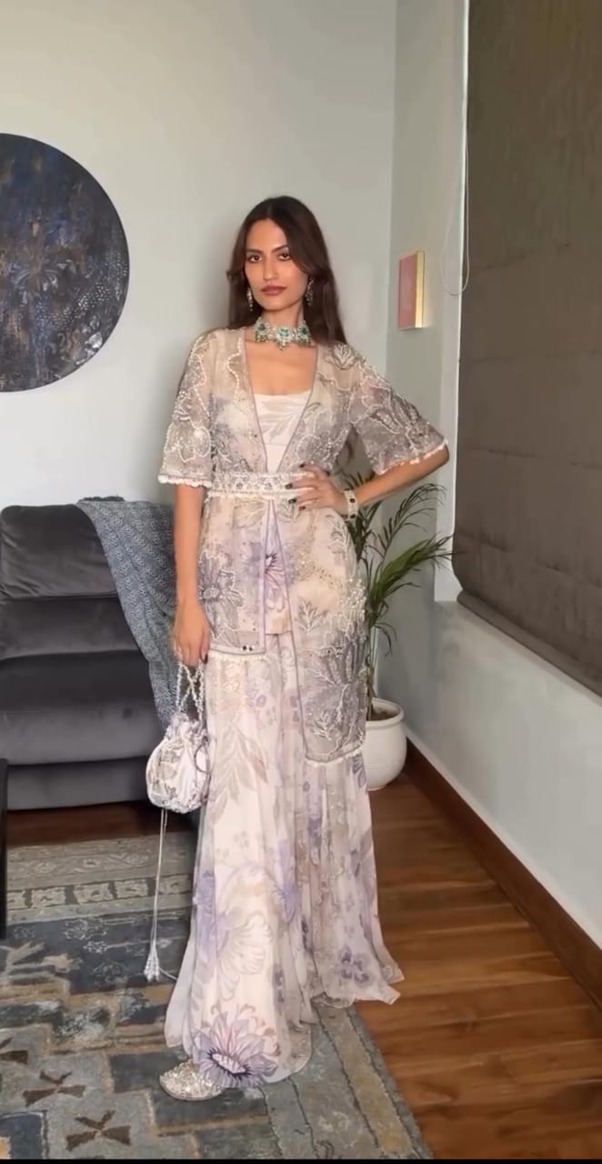 Silver Lilac Jacket Style Indo Western Floral Sharara Set for Women | Wedding Wear Indo Western Dress For Women