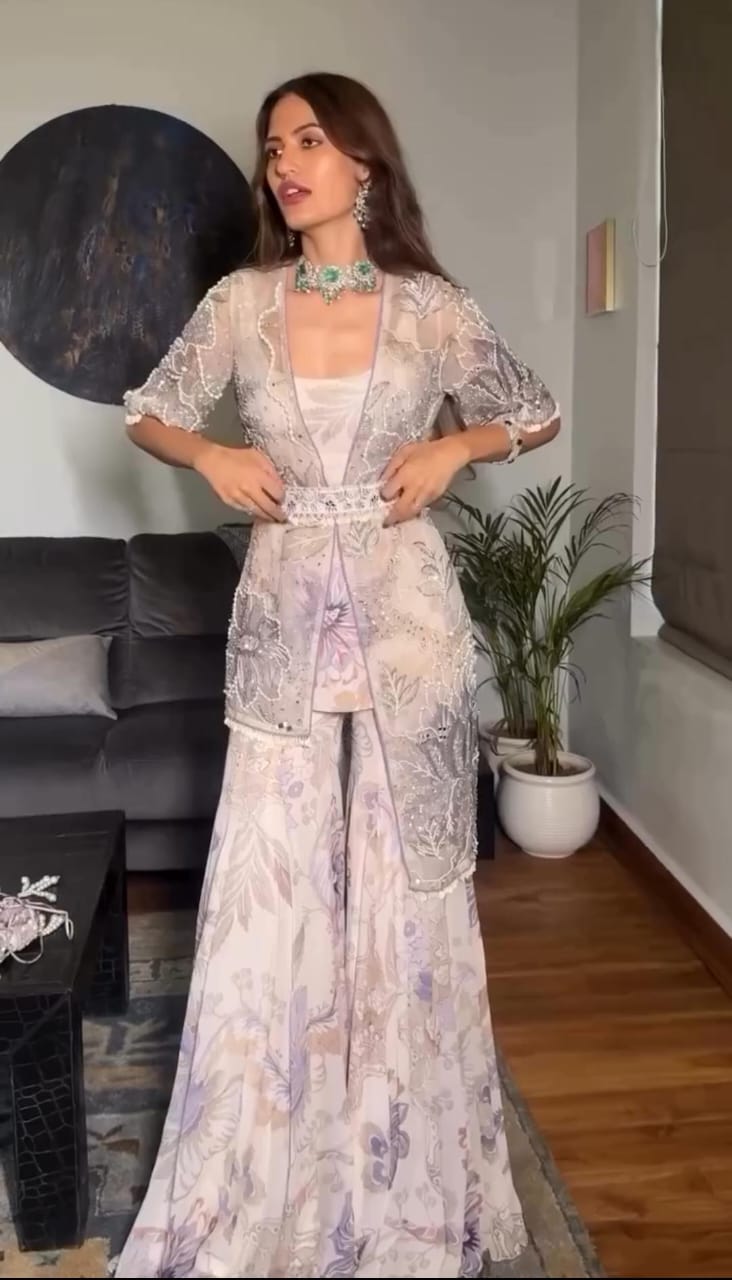 Silver Lilac Jacket Style Indo Western Floral Sharara Set for Women | Wedding Wear Indo Western Dress For Women