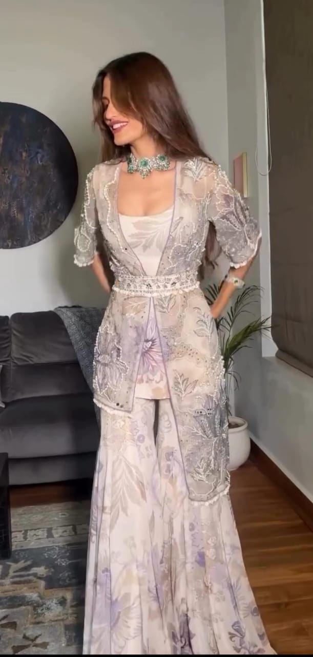 Silver Lilac Jacket Style Indo Western Floral Sharara Set for Women | Wedding Wear Indo Western Dress For Women