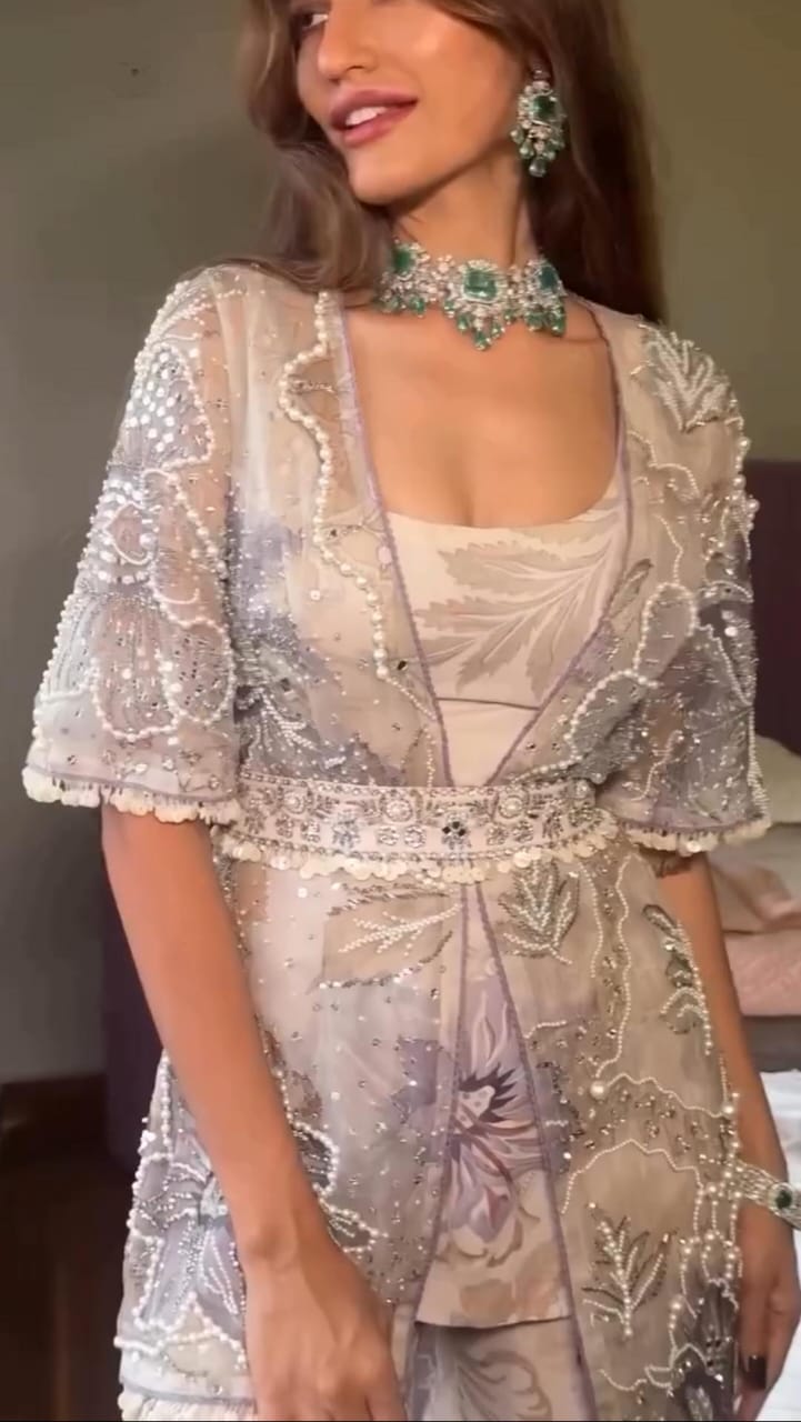 Silver Lilac Jacket Style Indo Western Floral Sharara Set for Women | Wedding Wear Indo Western Dress For Women