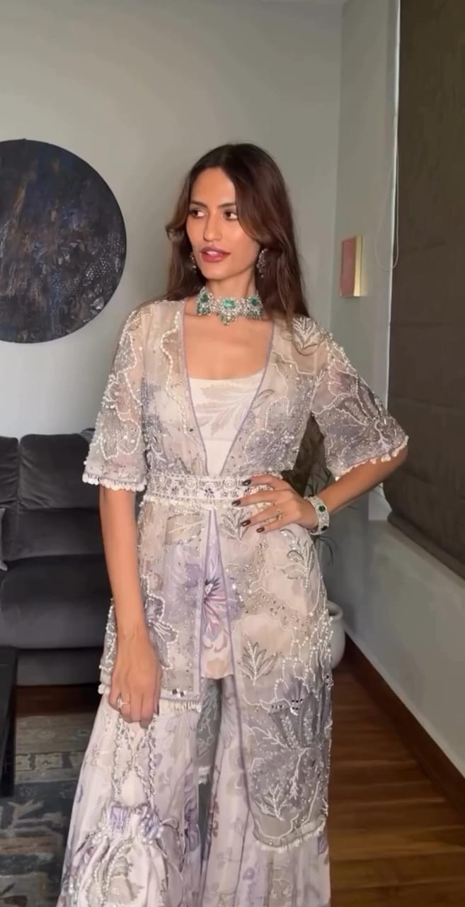 Silver Lilac Jacket Style Indo Western Floral Sharara Set for Women | Wedding Wear Indo Western Dress For Women