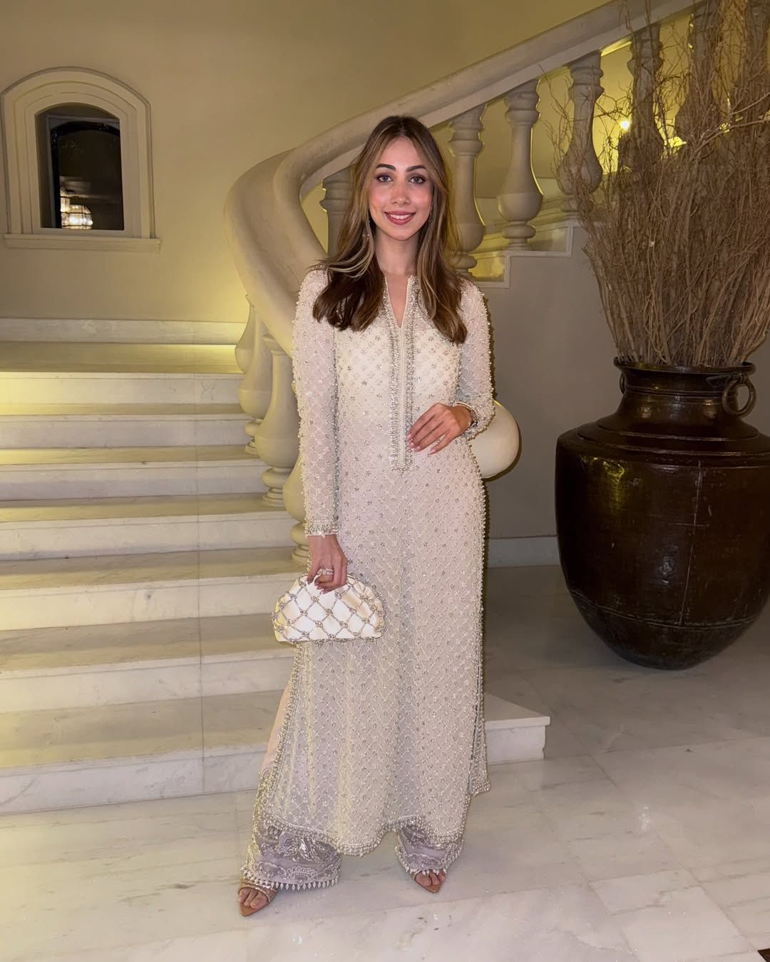 Wedding Wear Ivory Pearl Embroidered Georgette Palazzo Suit with Dupatta