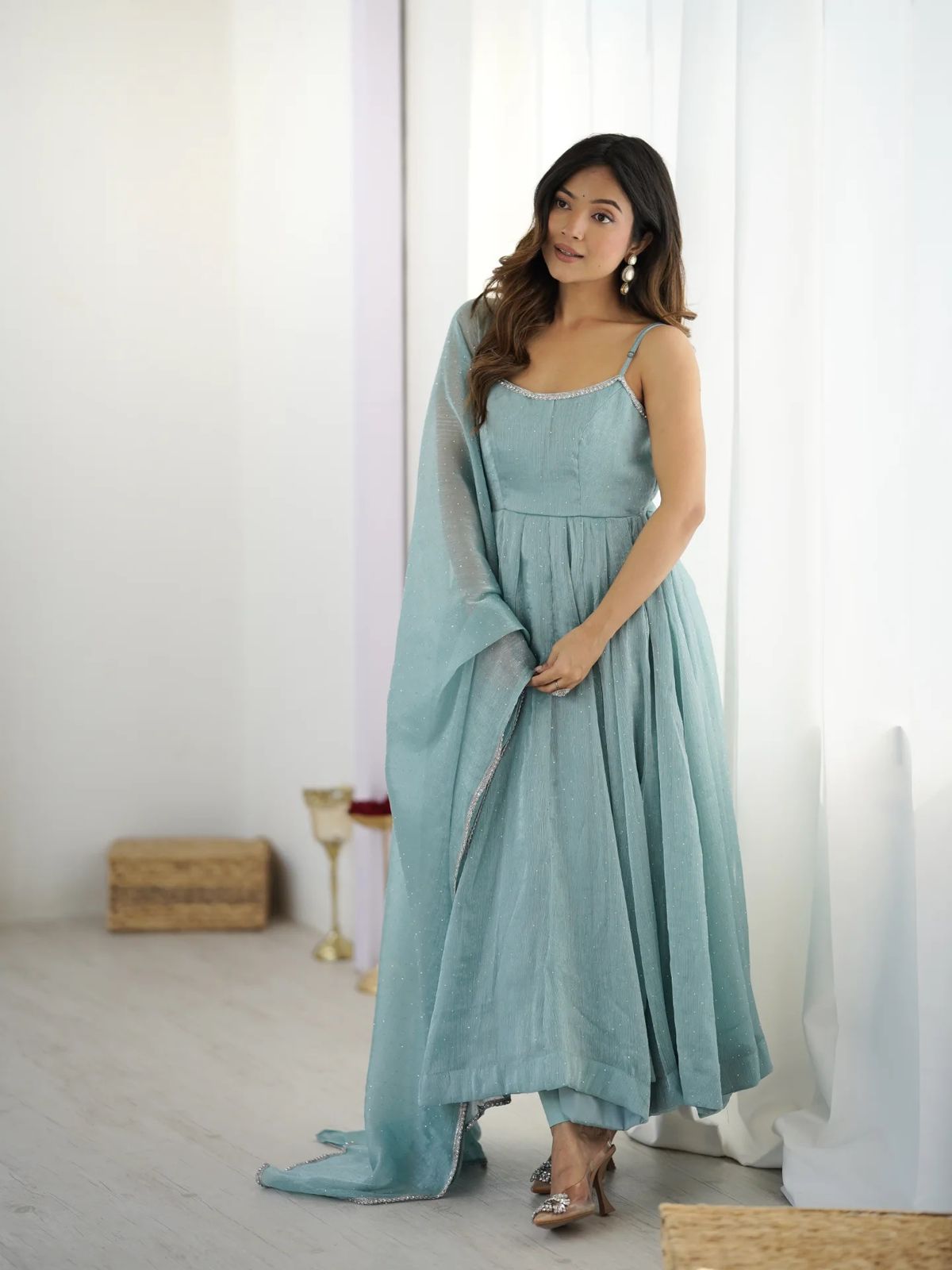 Ice Blue Crunchy  Silk Anarkali Suit Set with Dupatta  | Partywear Dresses For Women