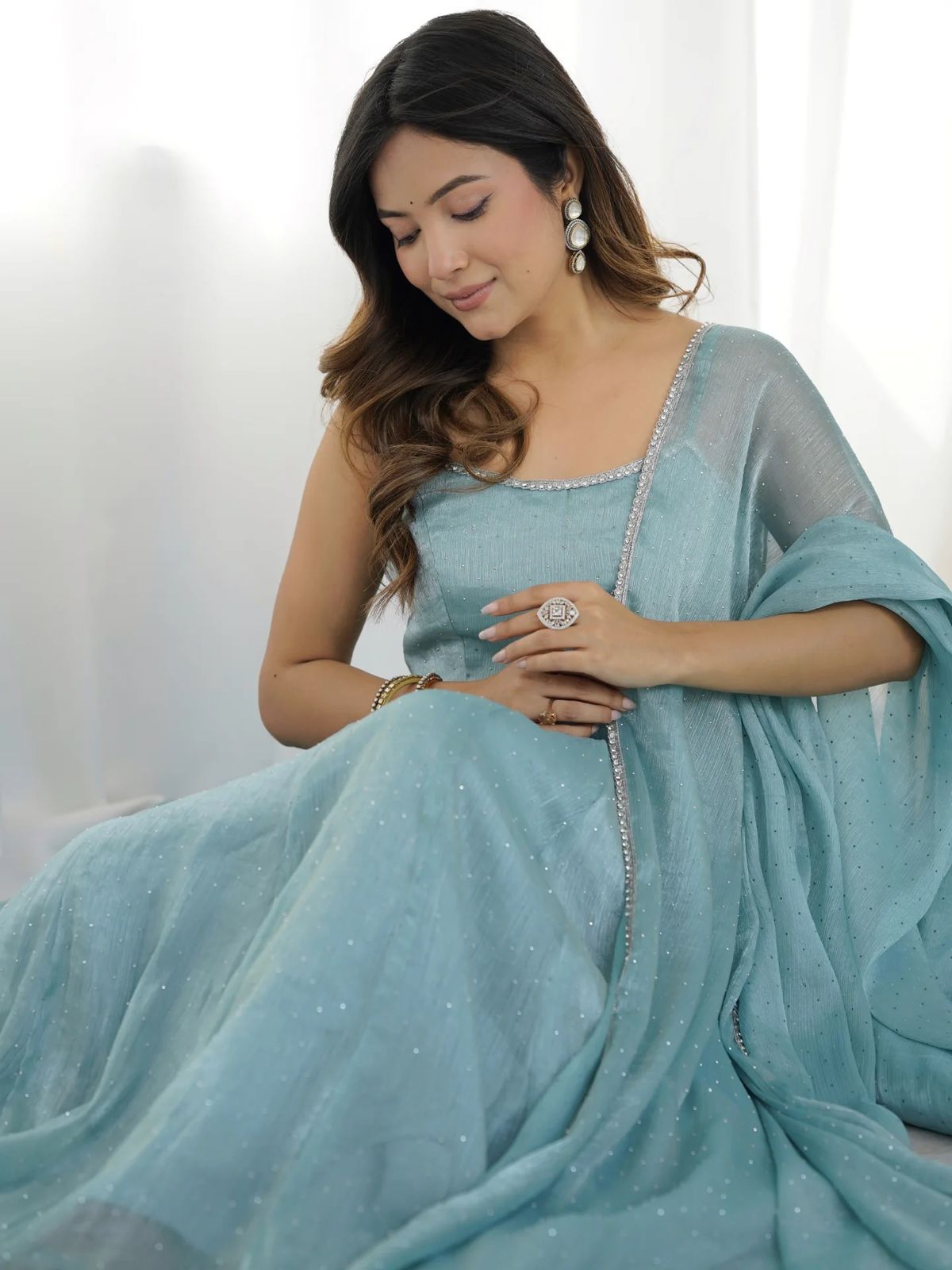 Ice Blue Crunchy  Silk Anarkali Suit Set with Dupatta  | Partywear Dresses For Women