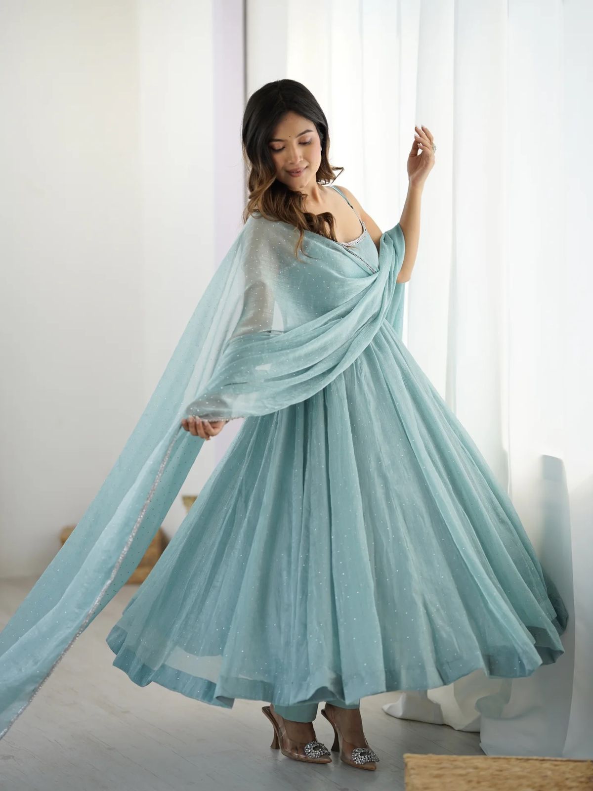 Ice Blue Crunchy  Silk Anarkali Suit Set with Dupatta  | Partywear Dresses For Women