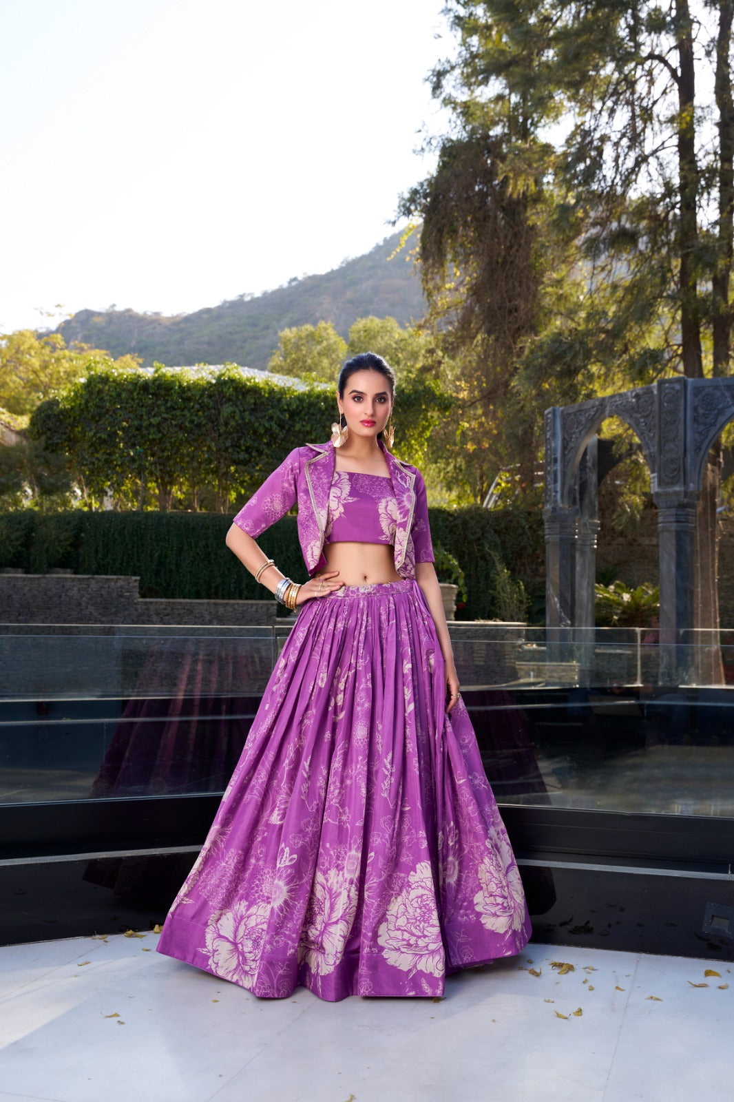 Exquisite Tussar Silk Floral Printed Lehenga Choli  Koti Set - ETHNICDEAL