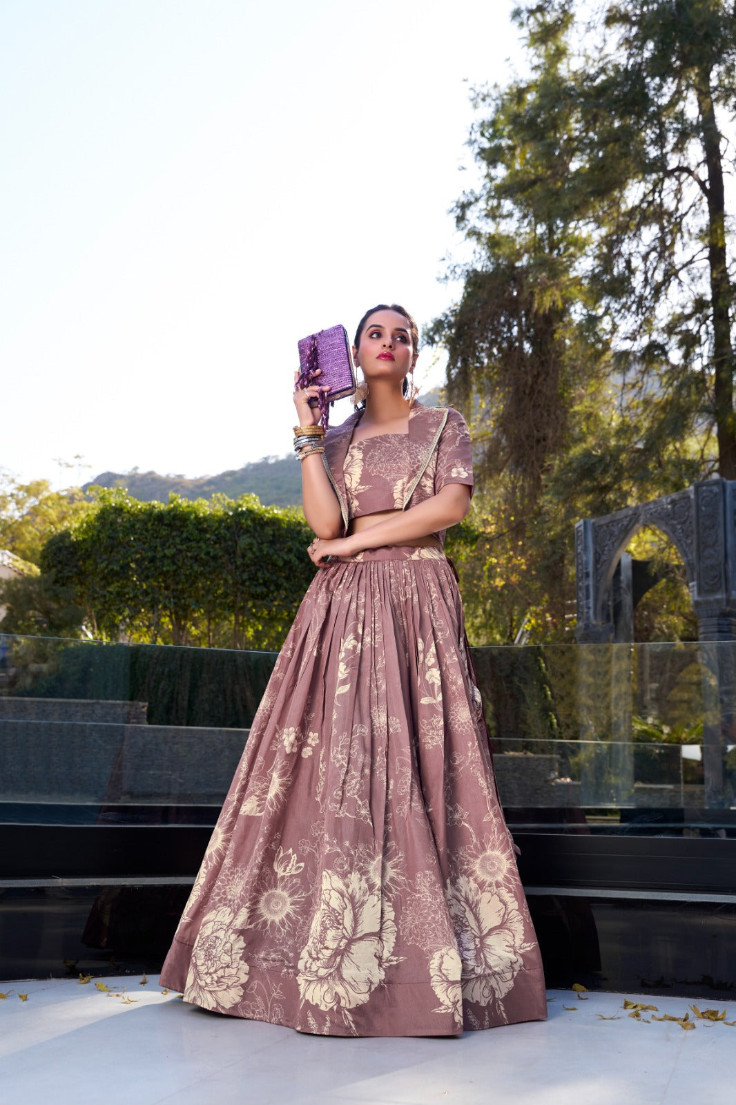 Exquisite Tussar Silk Floral Printed Lehenga Choli  Koti Set - ETHNICDEAL