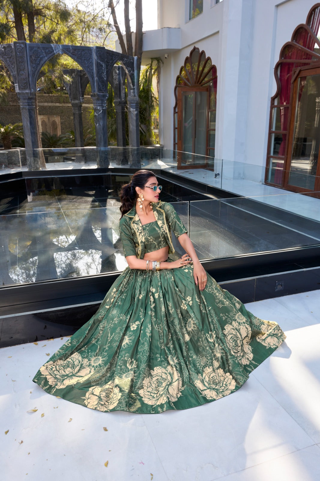 Exquisite Tussar Silk Floral Printed Lehenga Choli  Koti Set - ETHNICDEAL