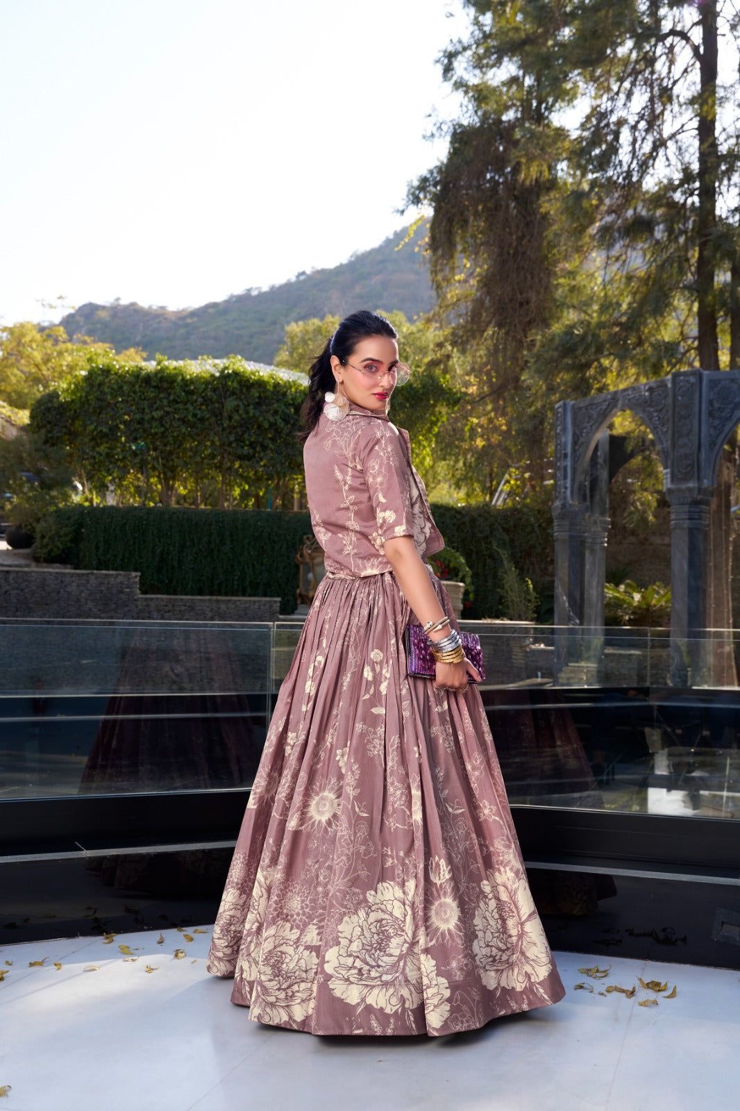 Exquisite Tussar Silk Floral Printed Lehenga Choli  Koti Set - ETHNICDEAL