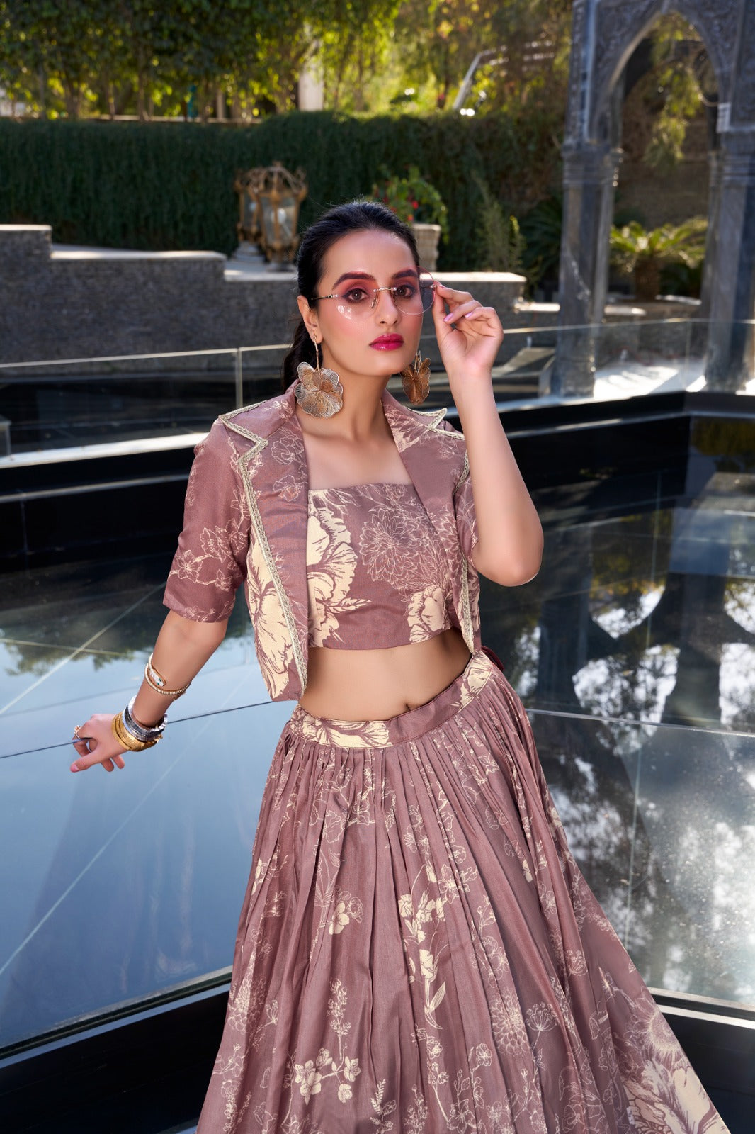 Exquisite Tussar Silk Floral Printed Lehenga Choli  Koti Set - ETHNICDEAL