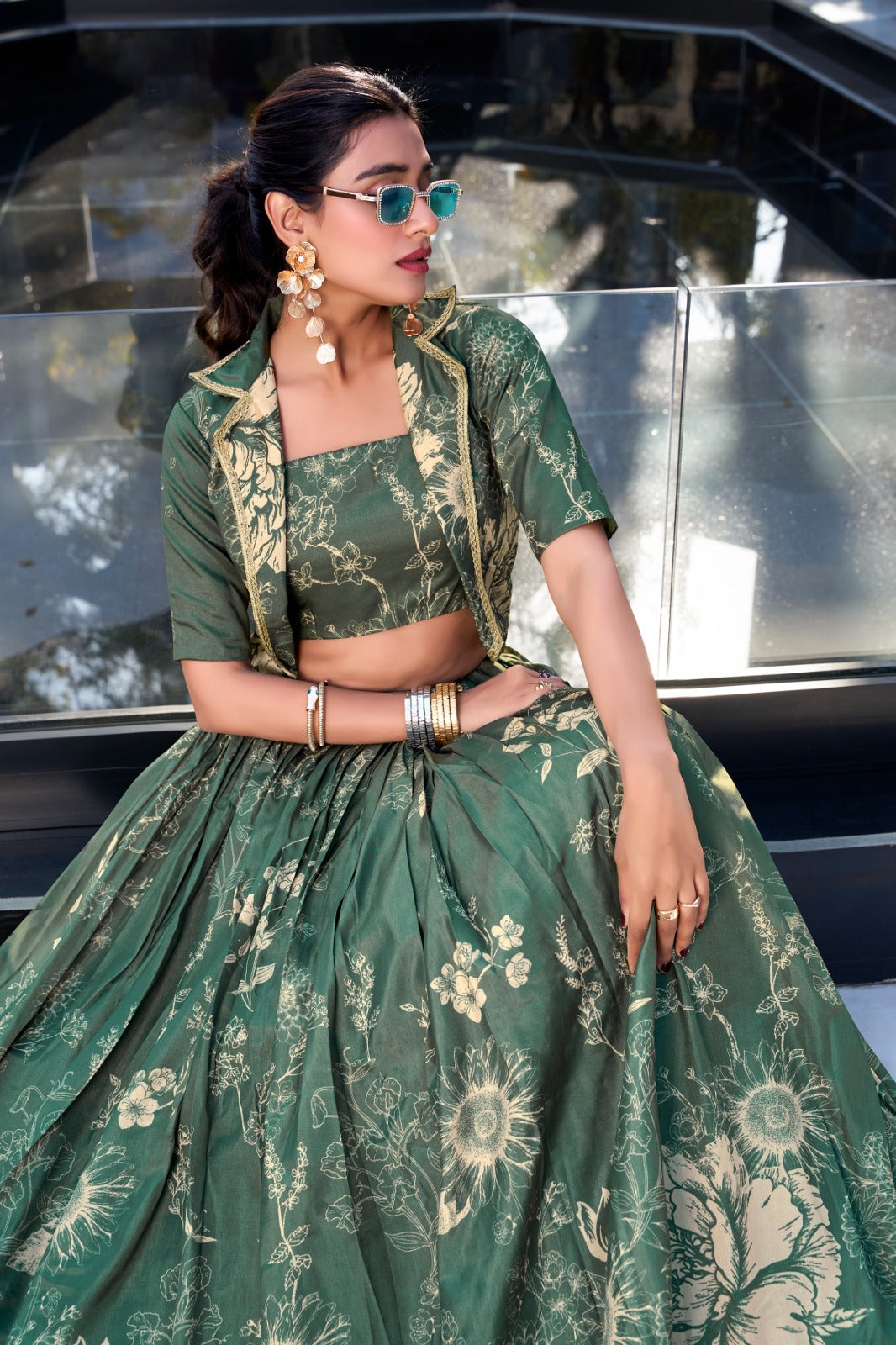 Exquisite Tussar Silk Floral Printed Lehenga Choli  Koti Set - ETHNICDEAL