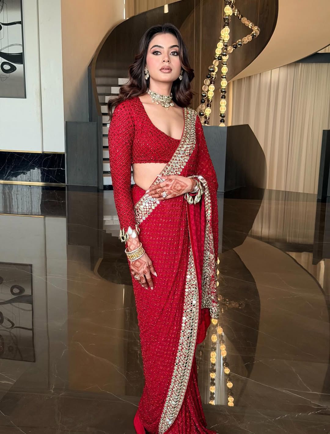 Party-Wear Red Mirror Sequin Work Faux Georgette Saree with Blouse
