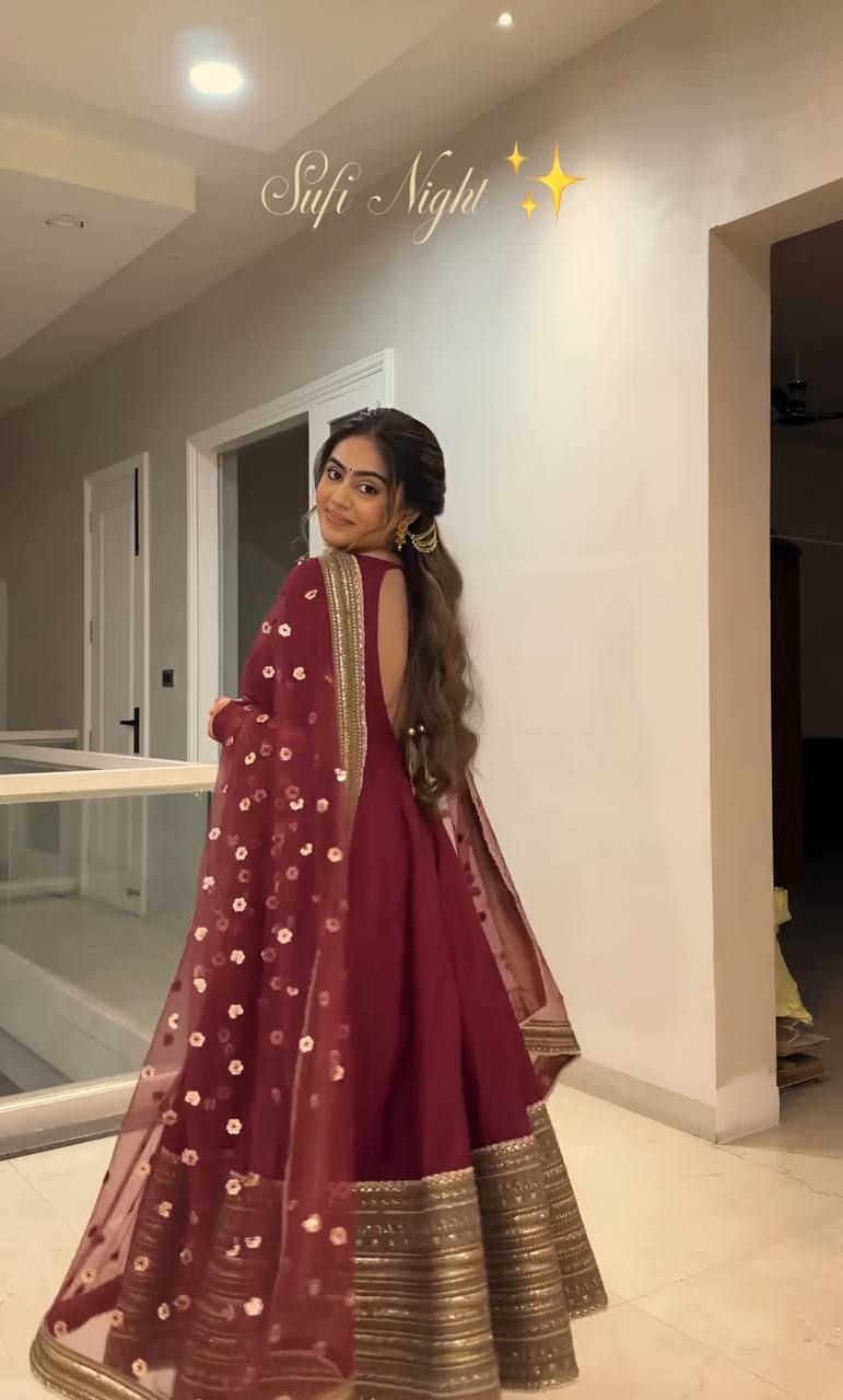 Maroon Kali-Cut Rayon Anarkali Suit Set with Heavy Coding Embroidery & Sequins Work