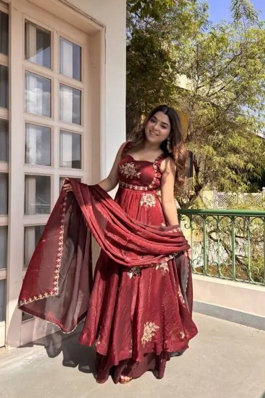 Wine Maroon Fendy Silk Anarkali Palazzo Suit Set with Dupatta for Women