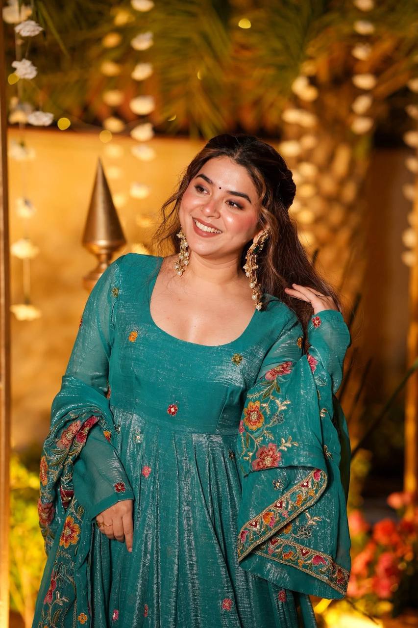 Luxury Embroidered Crunchy Silk Anarkali Gown Sharara Set with Dupatta