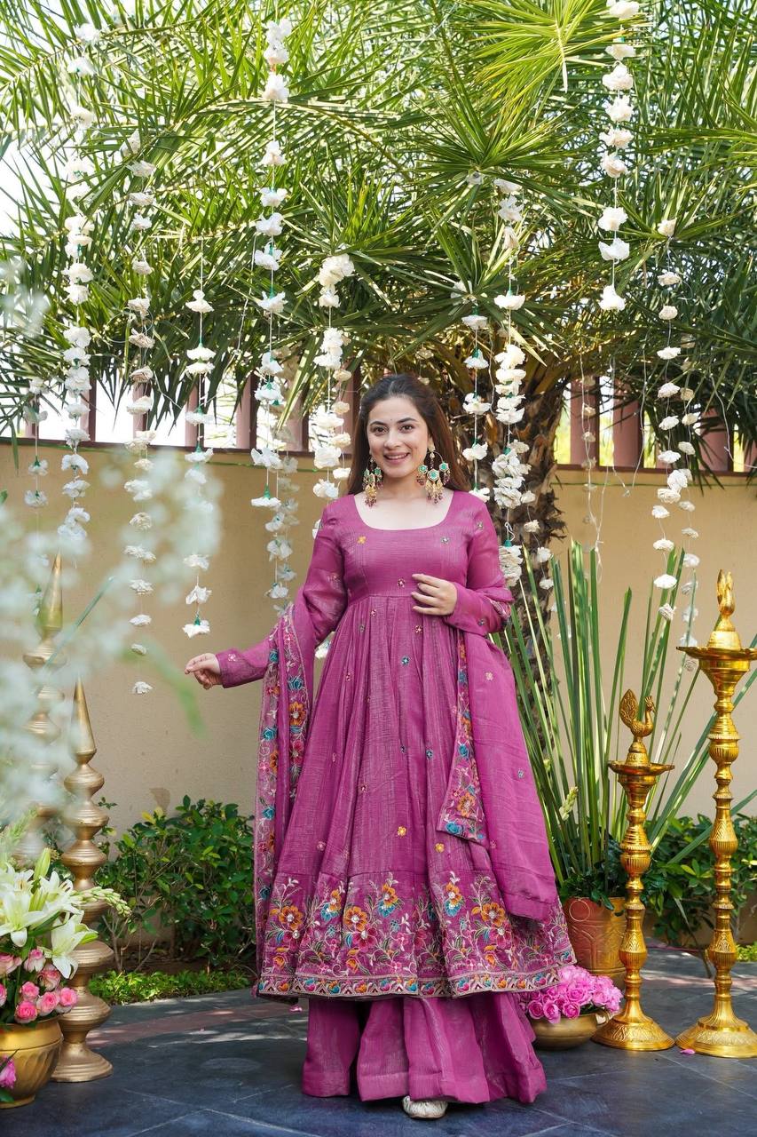 Luxury Embroidered Crunchy Silk Anarkali Gown Sharara Set with Dupatta