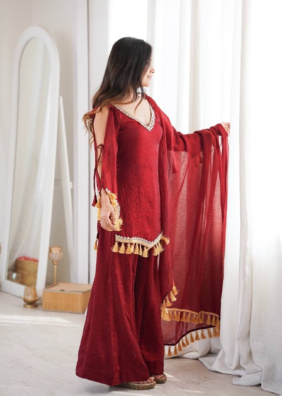 Wine Maroon Mirror Work Kurta Palazzo Suit Set for Women | Wedding, Festive & Party Wear