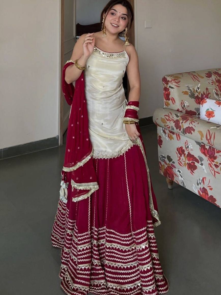 Ivory Maroon Zari Embroidered Short Kurti Lehenga Set with Dupatta for Women